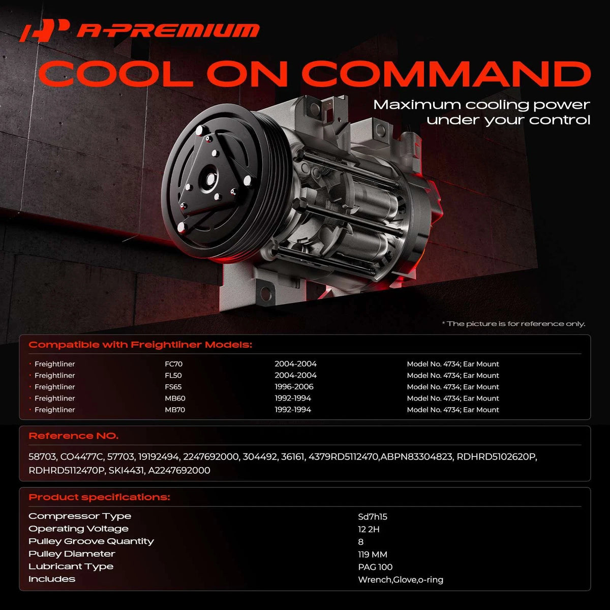 A/C Compressor with Clutch for Freightliner FL50 FC70 FS65 MB60 MB70 (4379RD5112470, A2247692000, ABPN83304823, RDHRD5102620P, 58703)