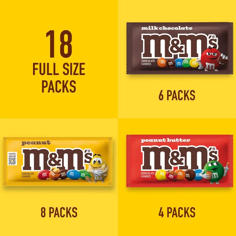 Pack of 18 M&M's Milk Chocolate, Peanut, Peanut Butter Original