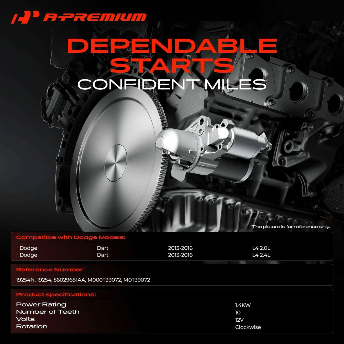 Starter for Dodge Dart (2013–2016) M000T39072, M0T39072, 19254N