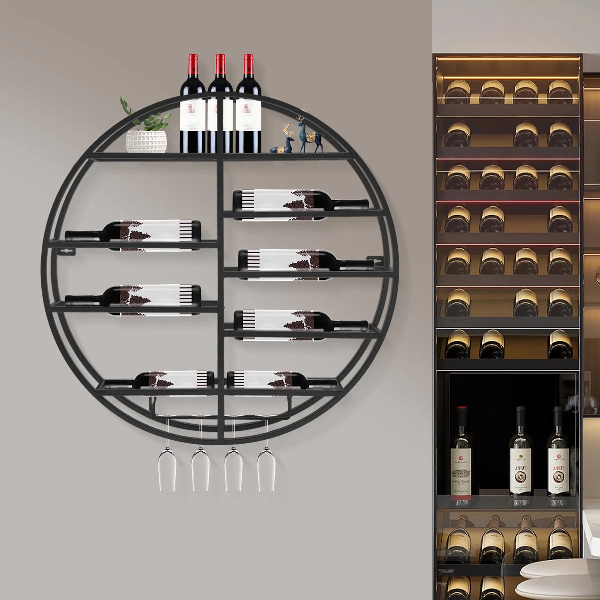 60cm Black Round Wall Mounted Wine Rack for Large Capacity Display