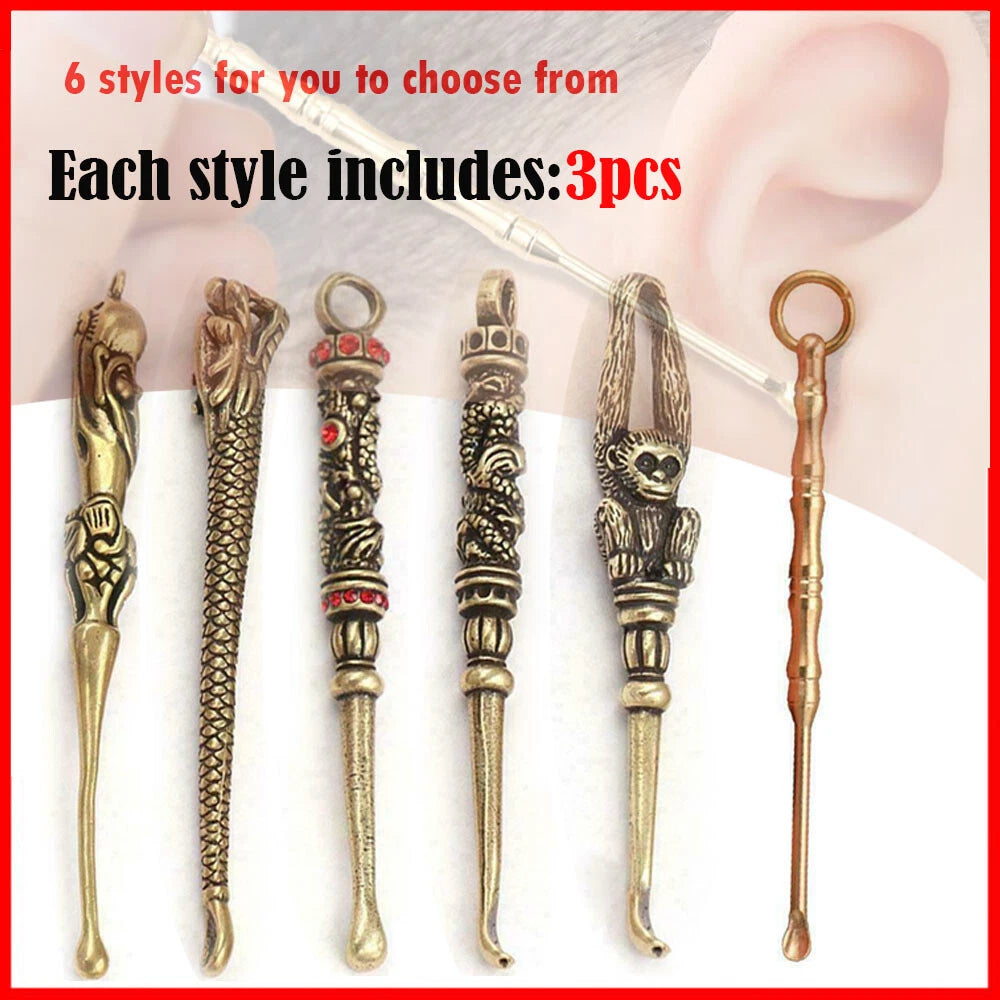 3pcs Vintage Brass Spoon Shovel Tool Key Chain Cleaning