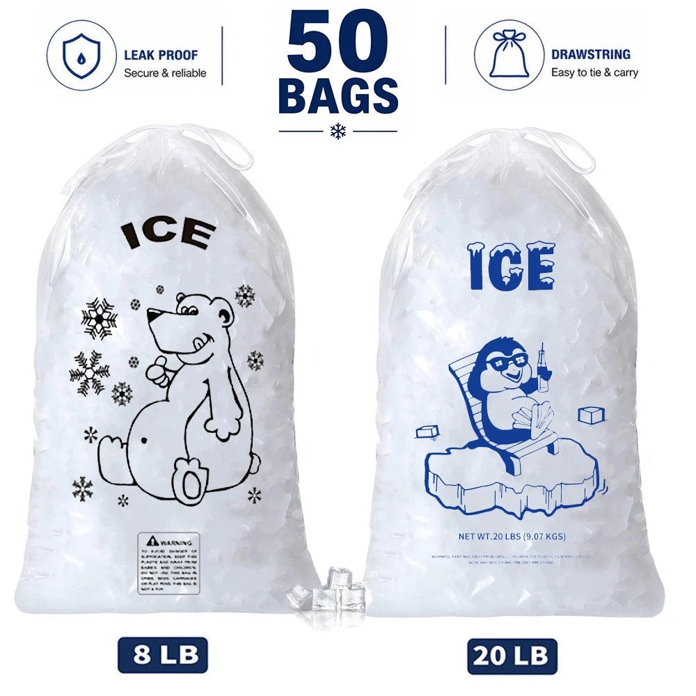 50 Count Ice Bags with Drawstring, Clear, Puncture Resistant & Heavy Duty