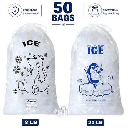 50 Count Ice Bags with Drawstring, Clear, Puncture Resistant & Heavy Duty