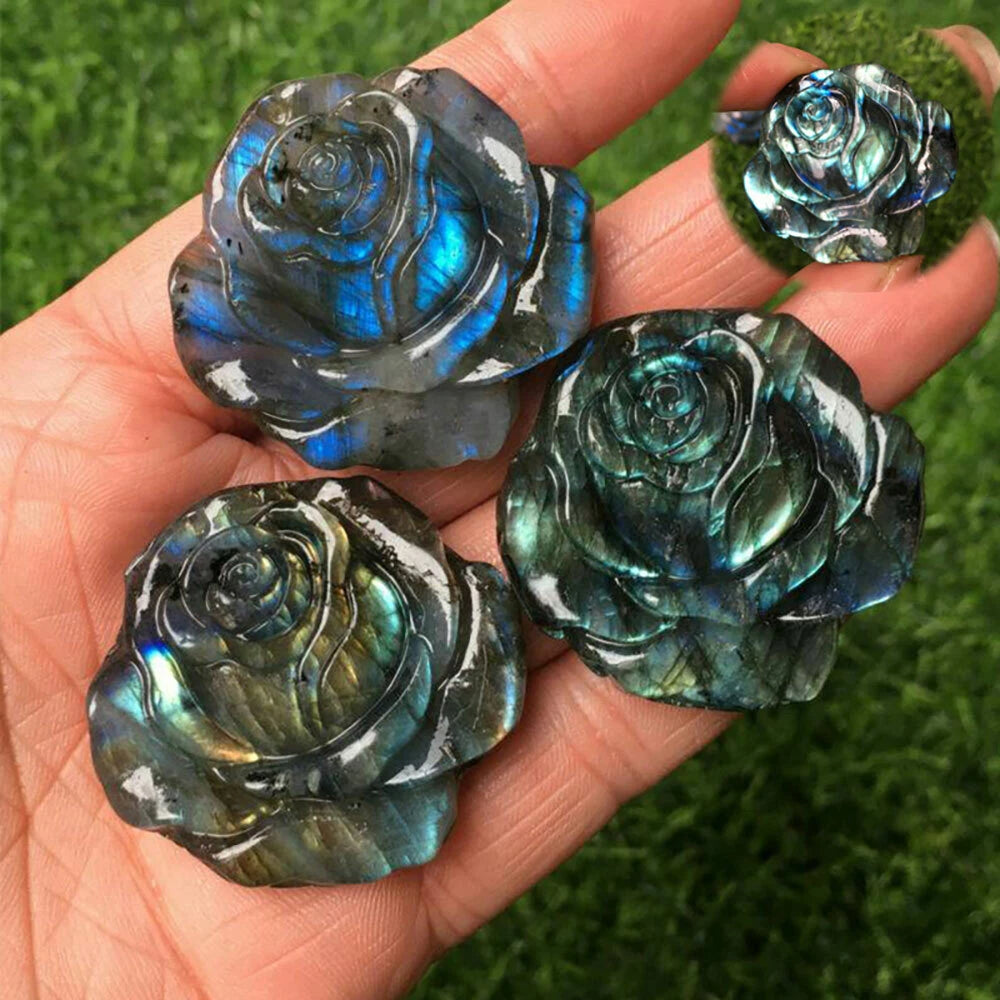 Natural Blue Labradorite Hand Carved Rose Flower Crystal Quartz Healing Gift