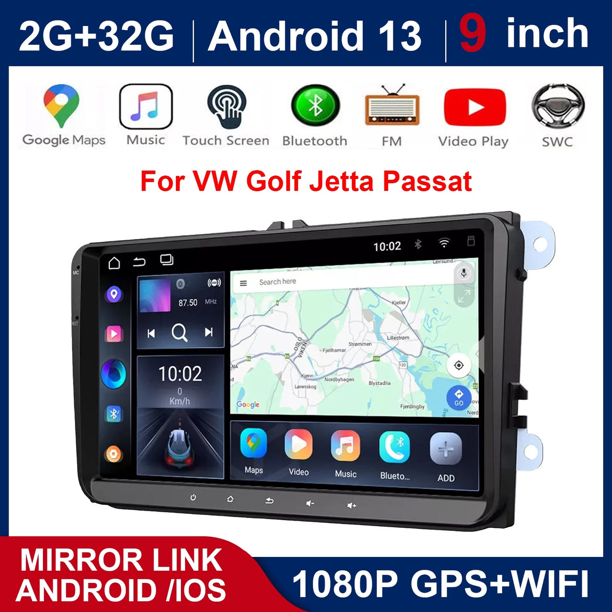 9" Wireless Android Auto CarPlay Stereo for VW Golf Jetta Passat