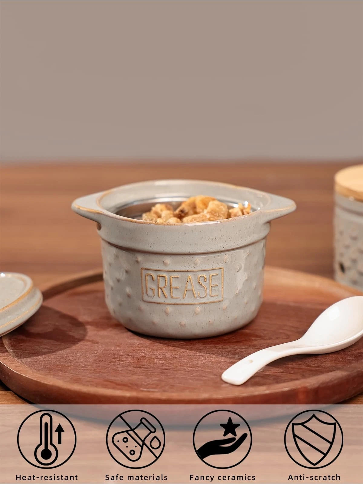 Ceramic Bacon Grease Container with Strainer for Kitchen (Small, Vintage Grey)