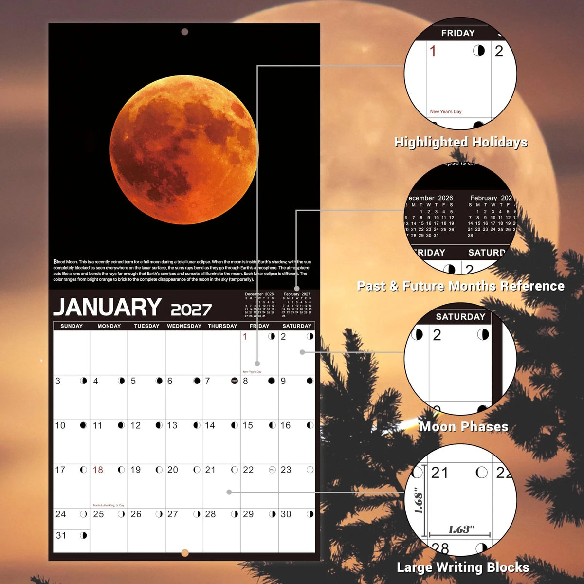 12" x 24" Wall Calendar for 2026-2027, Black