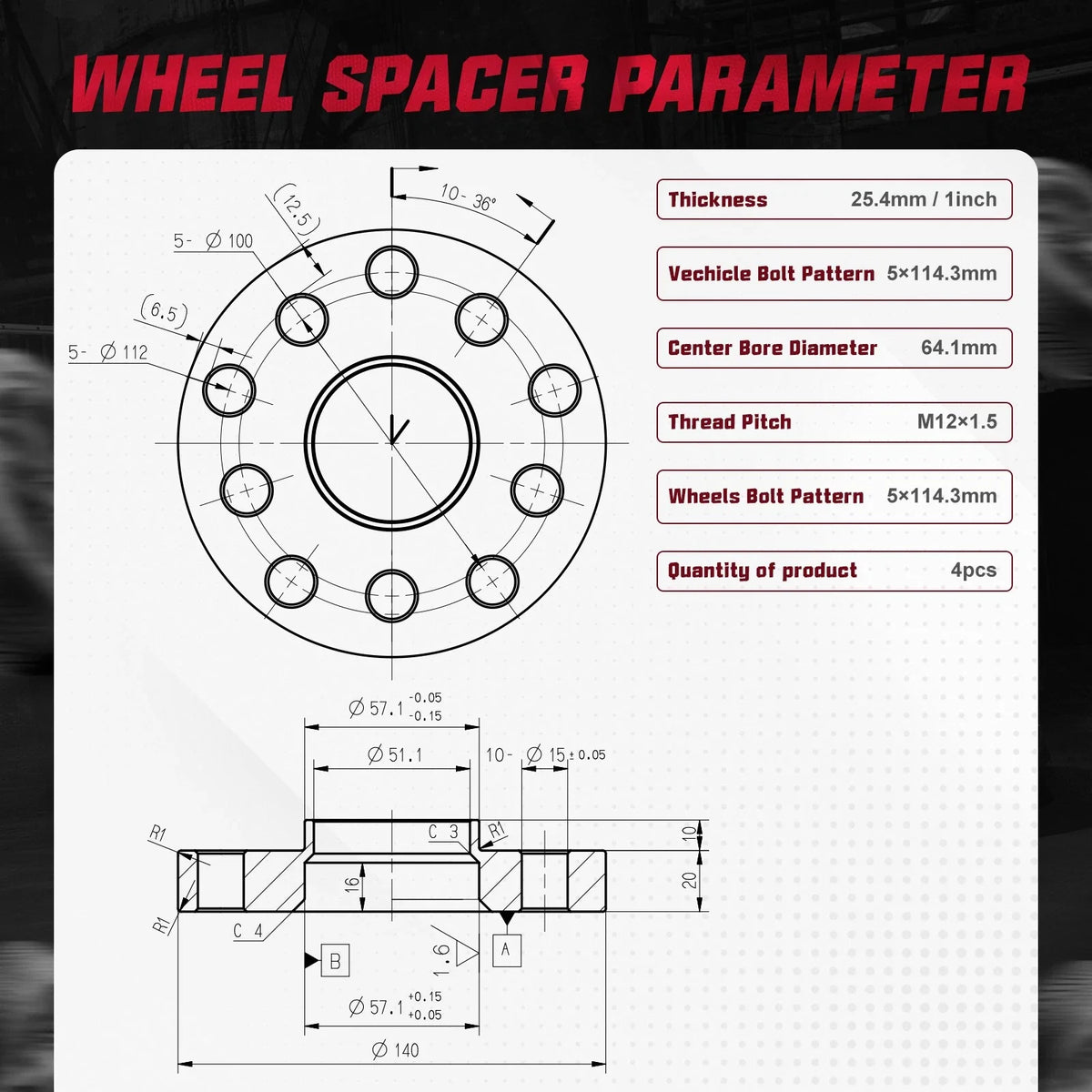 Set of 4 Hubcentric 25mm Wheel Spacers for Honda Acura
