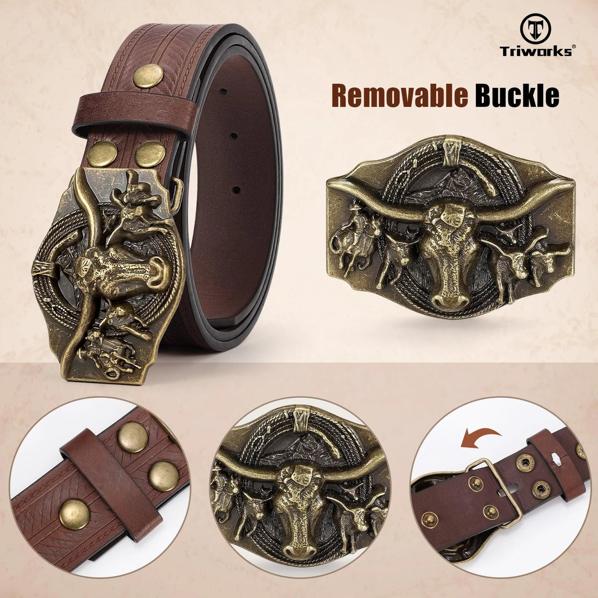 Leather Belt for Western Cowboy Style (Fit Size 34"-37") - Coffee