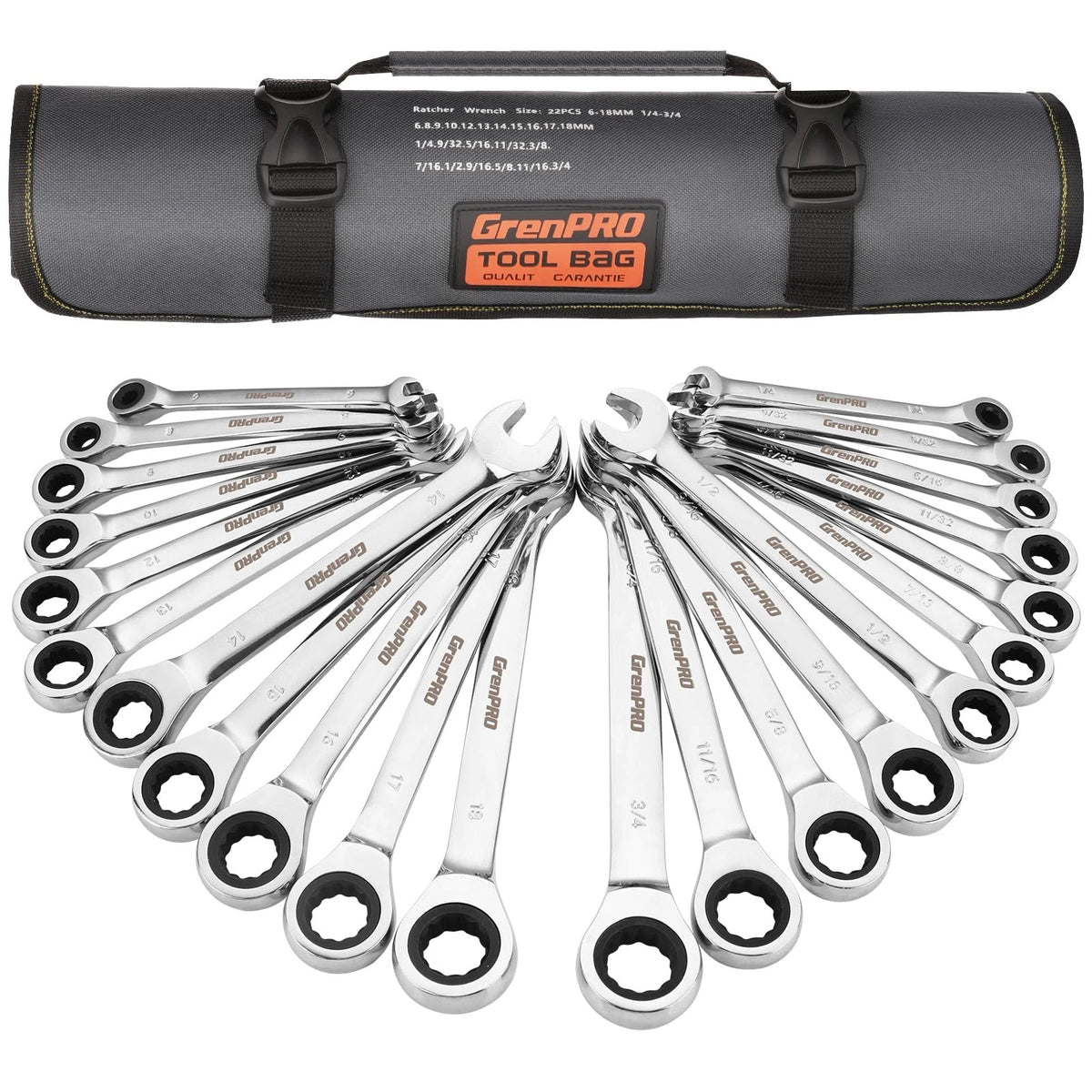 22 Piece Ratcheting Wrench Set SAE Metric Hand Tool Kit