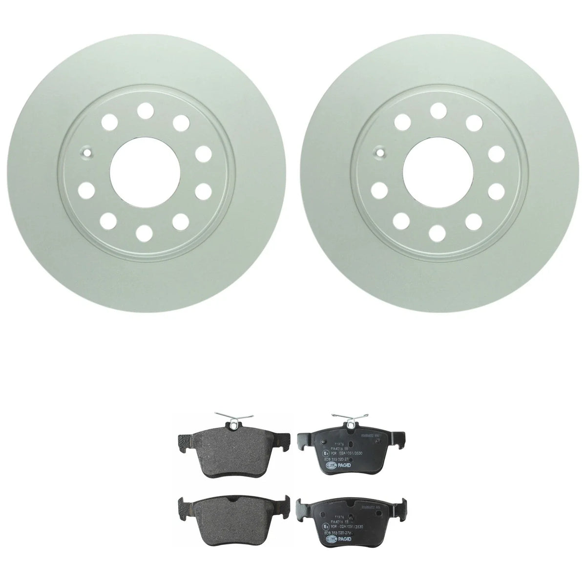 Set of 2 Bosch QuietCast Rear Rotors & Hella Brake Pad Kit for A3 Quattro (2015–2020)
