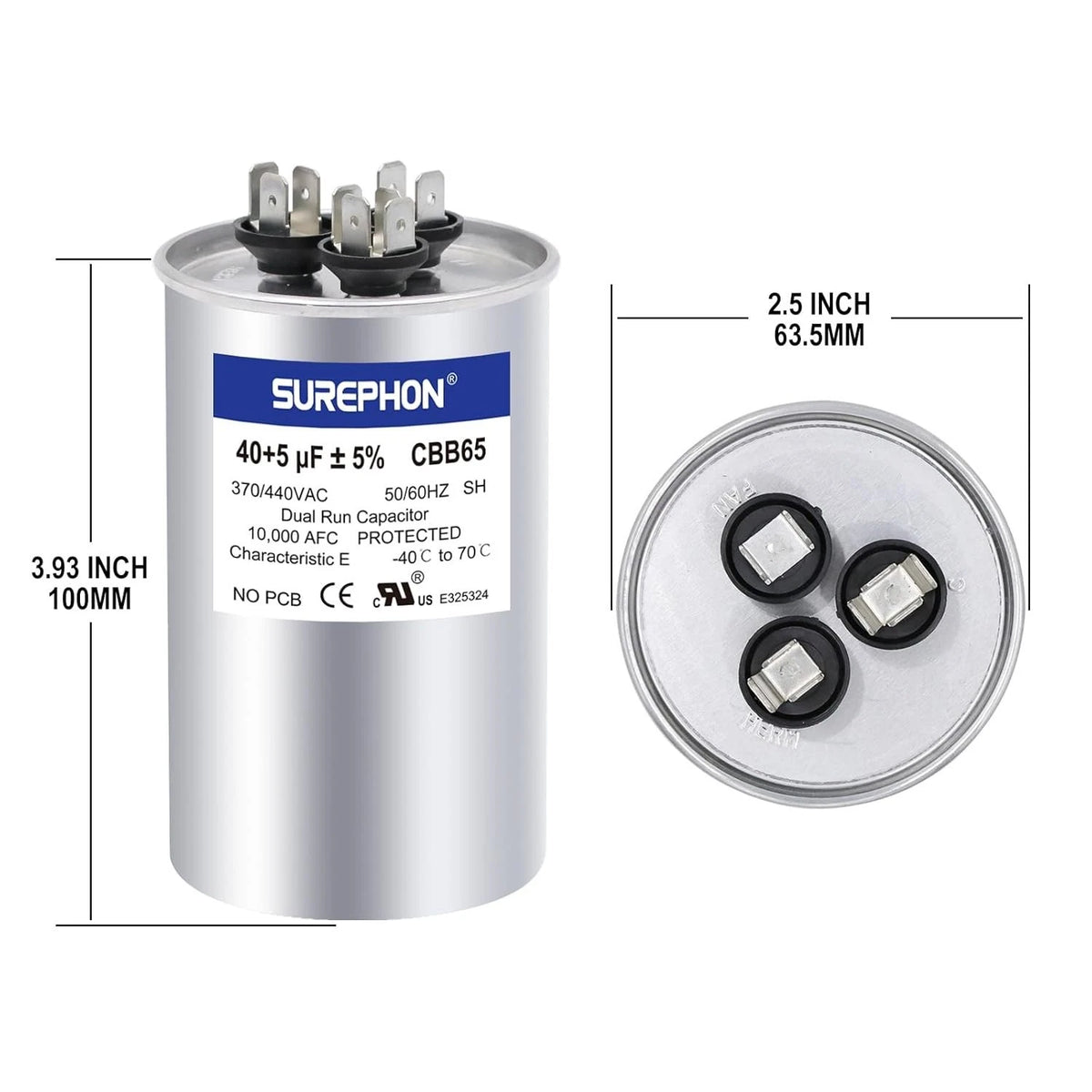 40+5 uF Dual Run Start Capacitor for AC Unit (370V/440VAC)