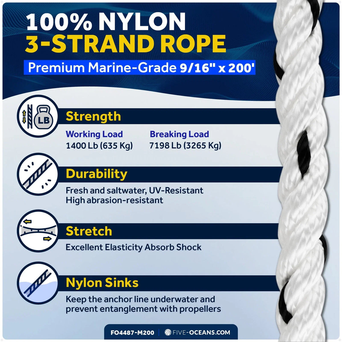 Boat Anchor Rope 9/16 inch x 200 ft - Marine 3-Strand Nylon (Rope)
