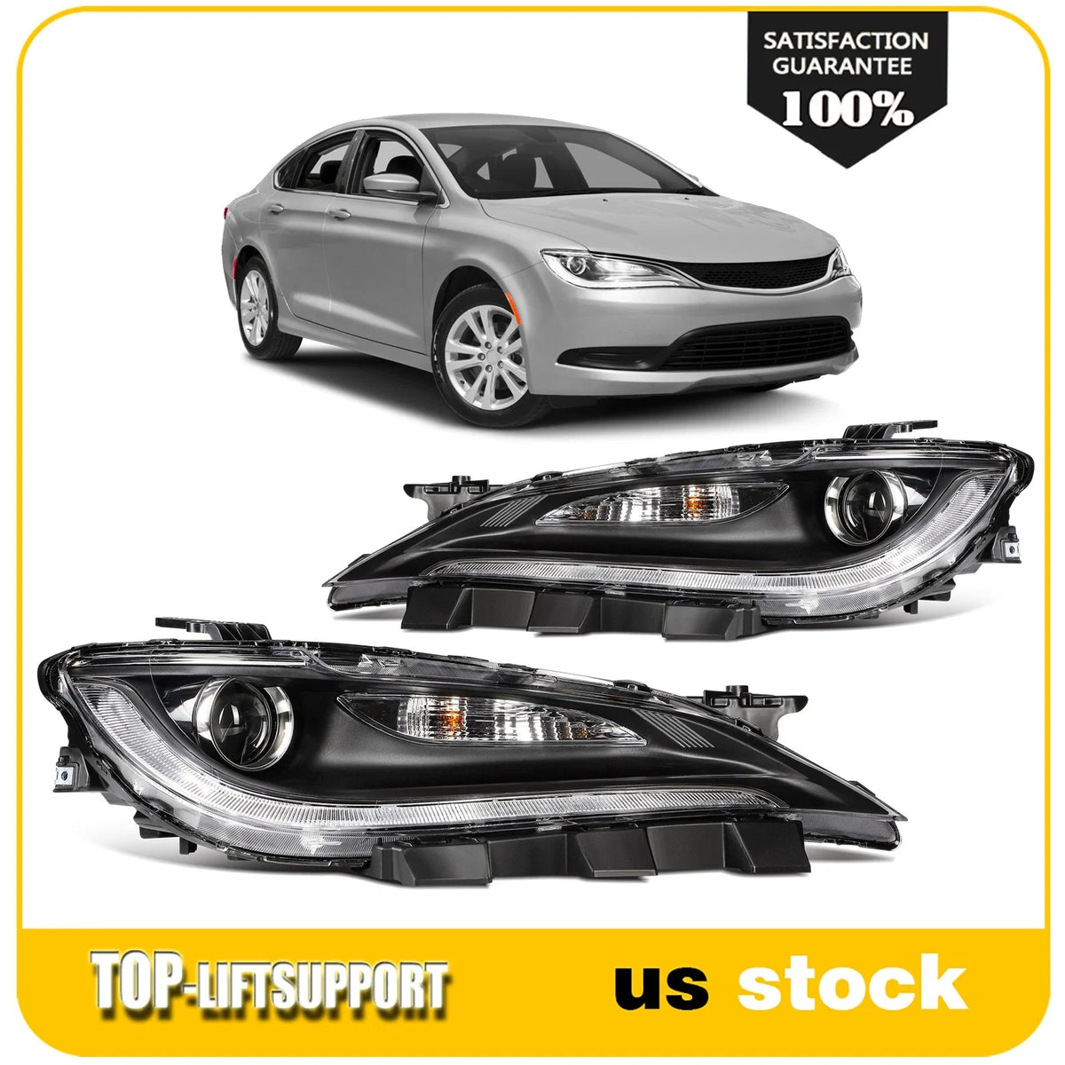Pair Black Halogen Headlight Assembly with DRL Projector for Chrysler 200 (2015–2017)