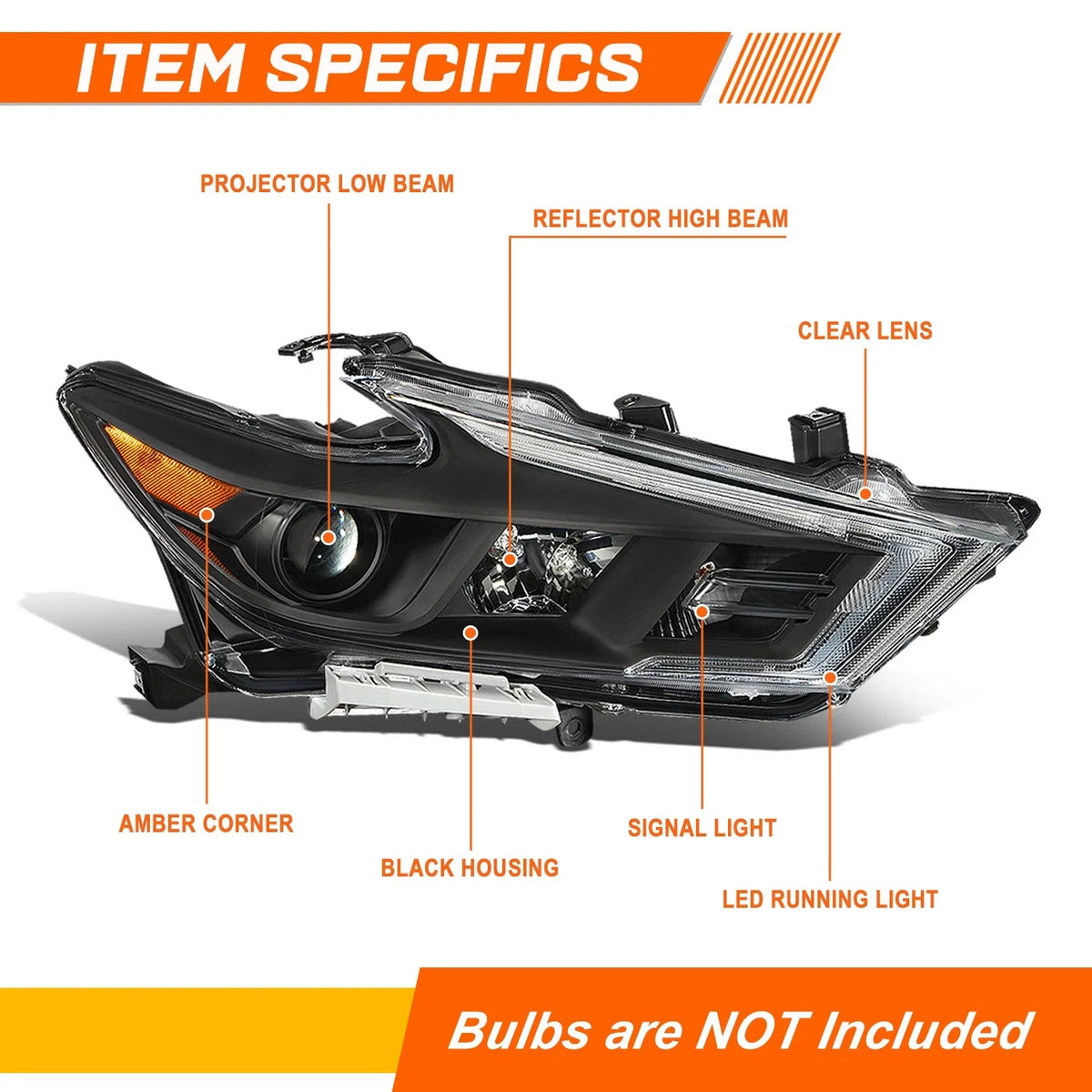 Chrome Amber LED DRL Projector Headlight Right for Nissan Maxima (2016–2018)
