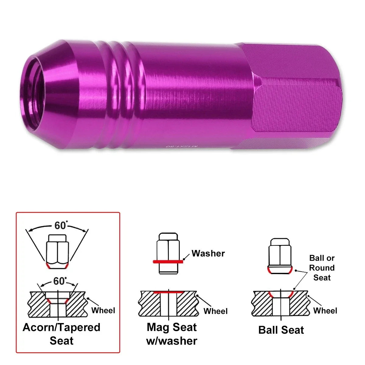 Set of 20 JDM M12X1.5 20mm OD 60mm Tall Purple Open-End Aluminum Lug Nuts
