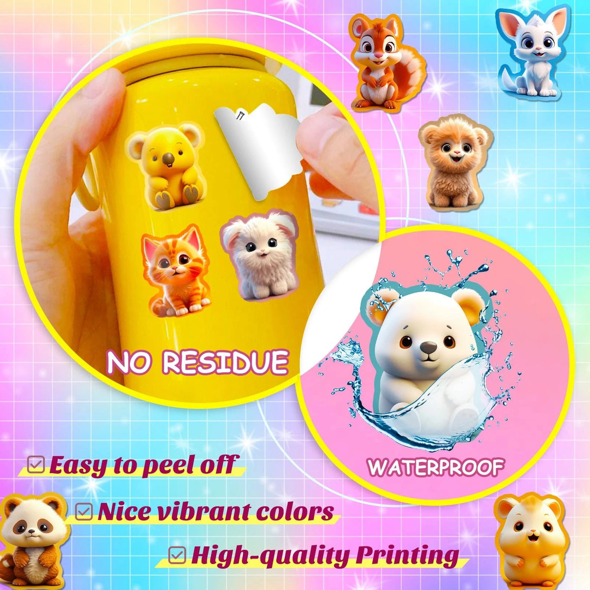 100PCS Cute Animal Stickers for Water Bottles - Waterproof Vinyl
