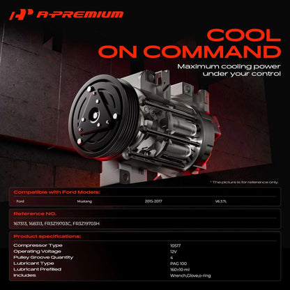 A/C Compressor with Clutch for Ford Mustang (2015–2017) FR3Z19703C, FR3Z19703H, 167313