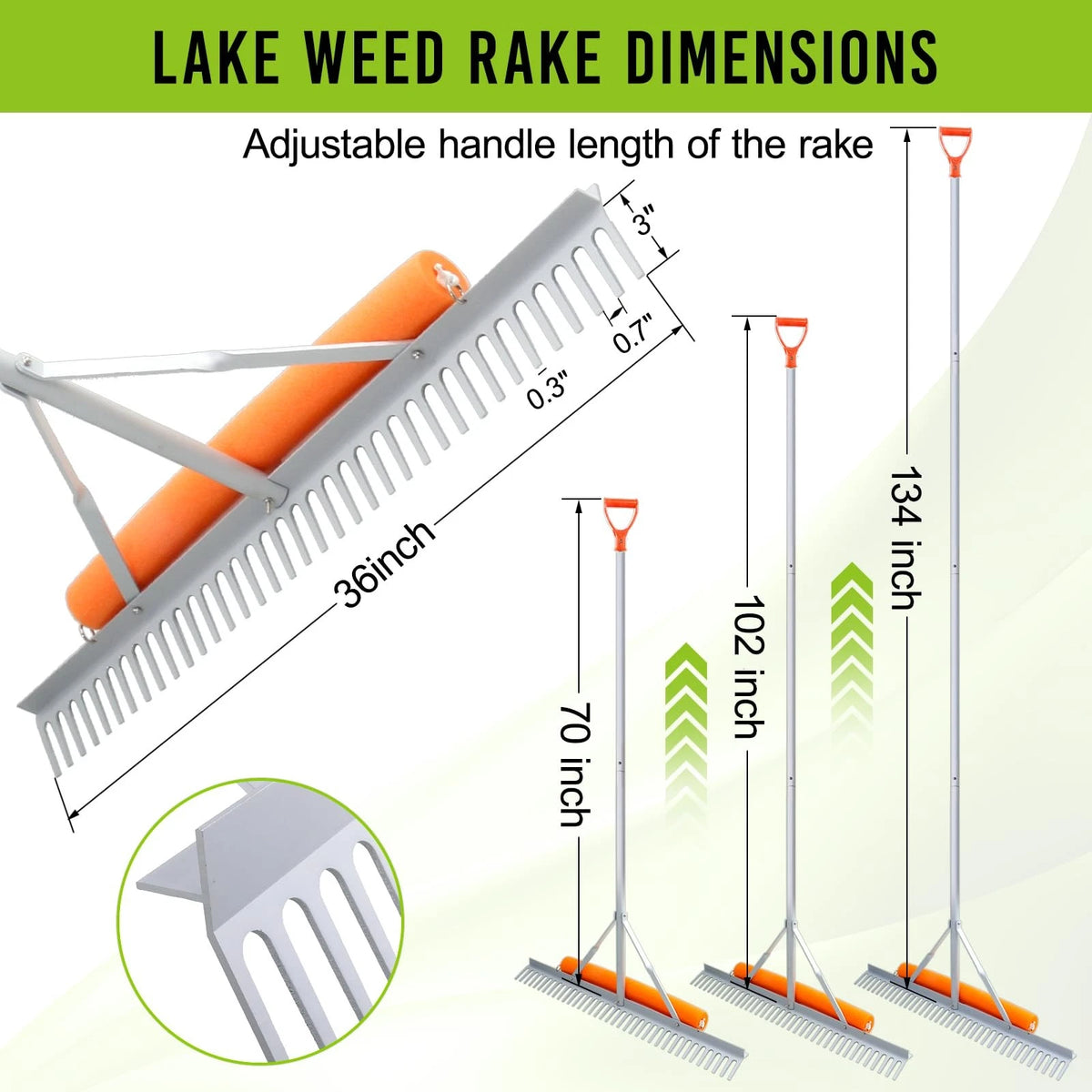 36" Floating Weed Rake for Ponds, 133" Extensible Aquatic Tool