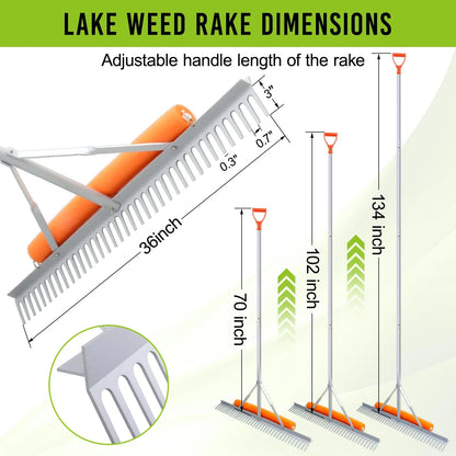 36" Floating Weed Rake for Ponds, 133" Extensible Aquatic Tool