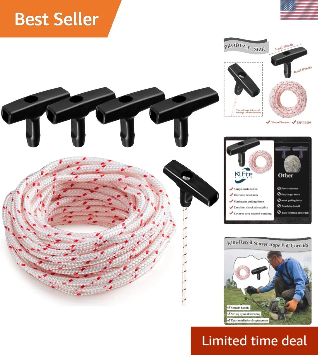 4-Pack Pull Cord Rope 40ft with Ergonomic Handle for Easy Engine Starts