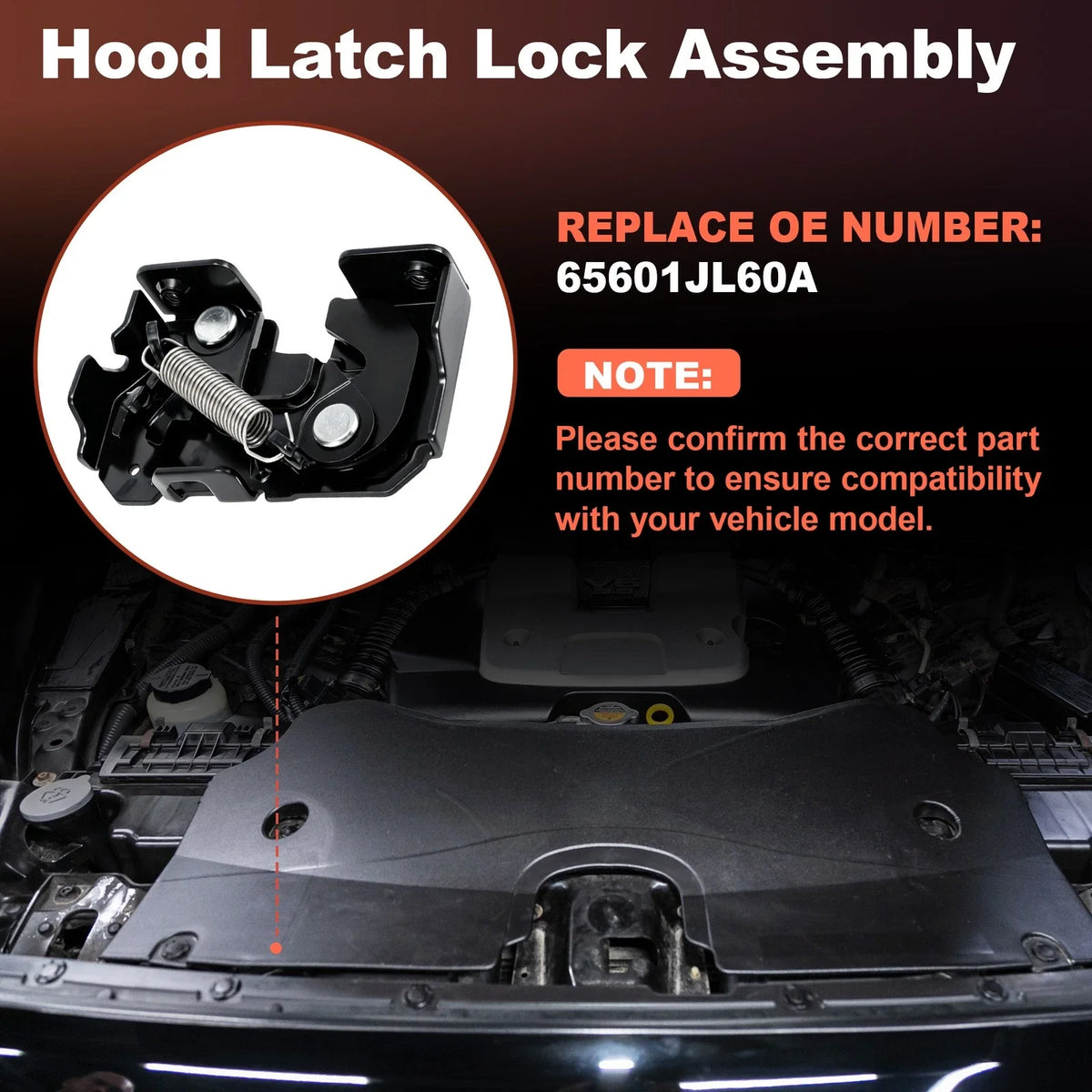 Left Side Hood Latch Lock Assembly 65601JL60A for Nissan 370Z GT-R (2009–2020)