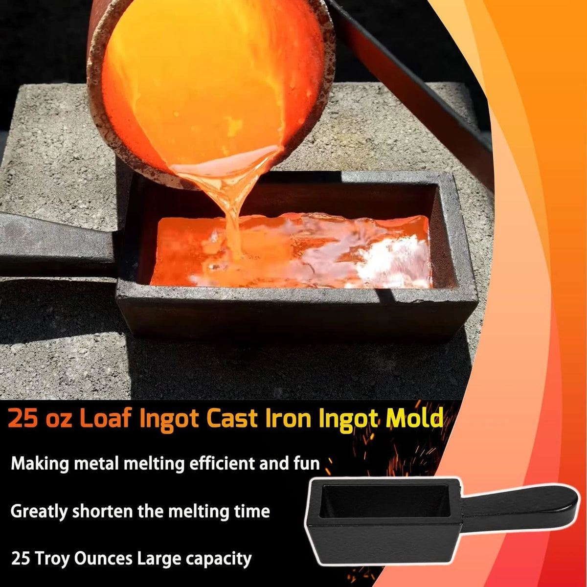 25oz Cast Iron Loaf Bar Ingot Mold for Melting Copper Gold Silver Aluminum