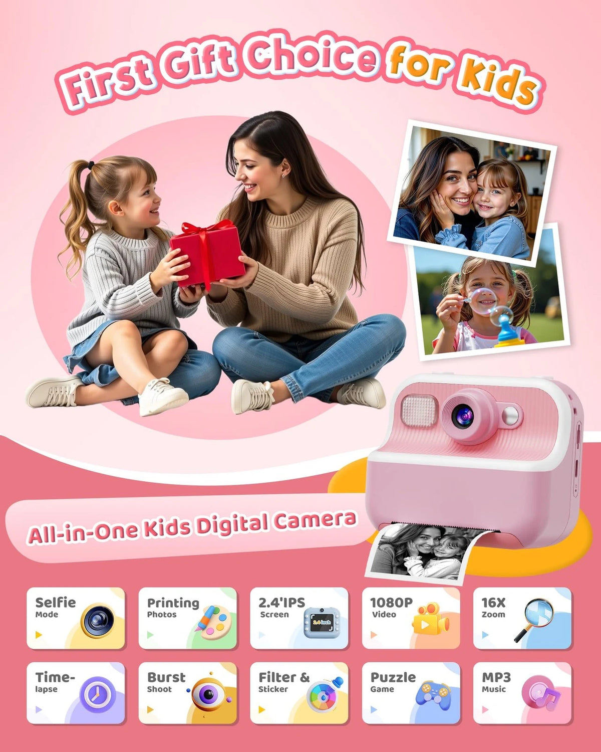 Dual Selfie Kids Camera for Instant Photography (1080P, Pink)