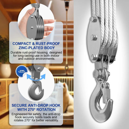 4 Wheel Block and Tackle Pulley System - 65Ft, White