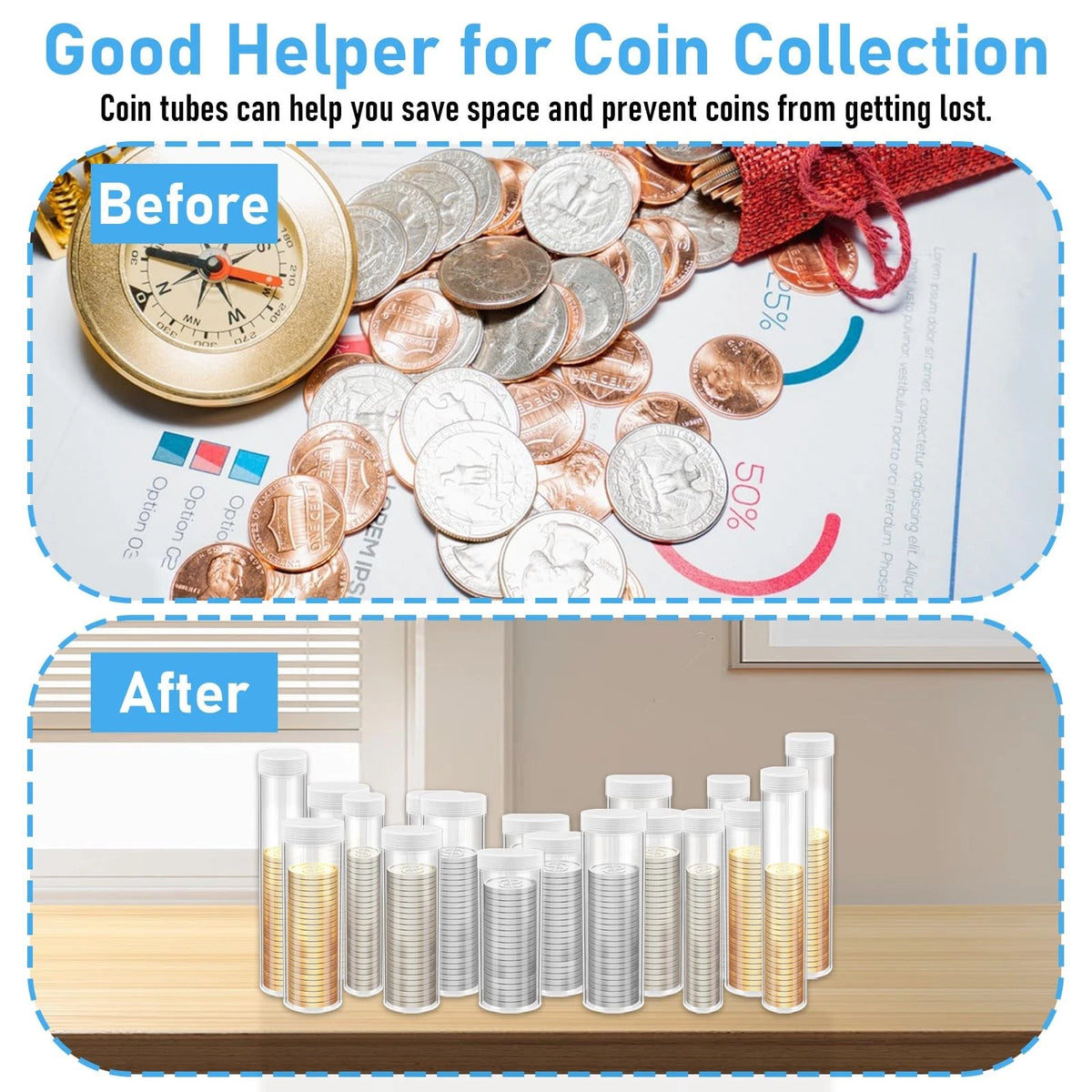 36 Pcs Plastic Coin Tubes Set - 6 Sizes Clear Holders