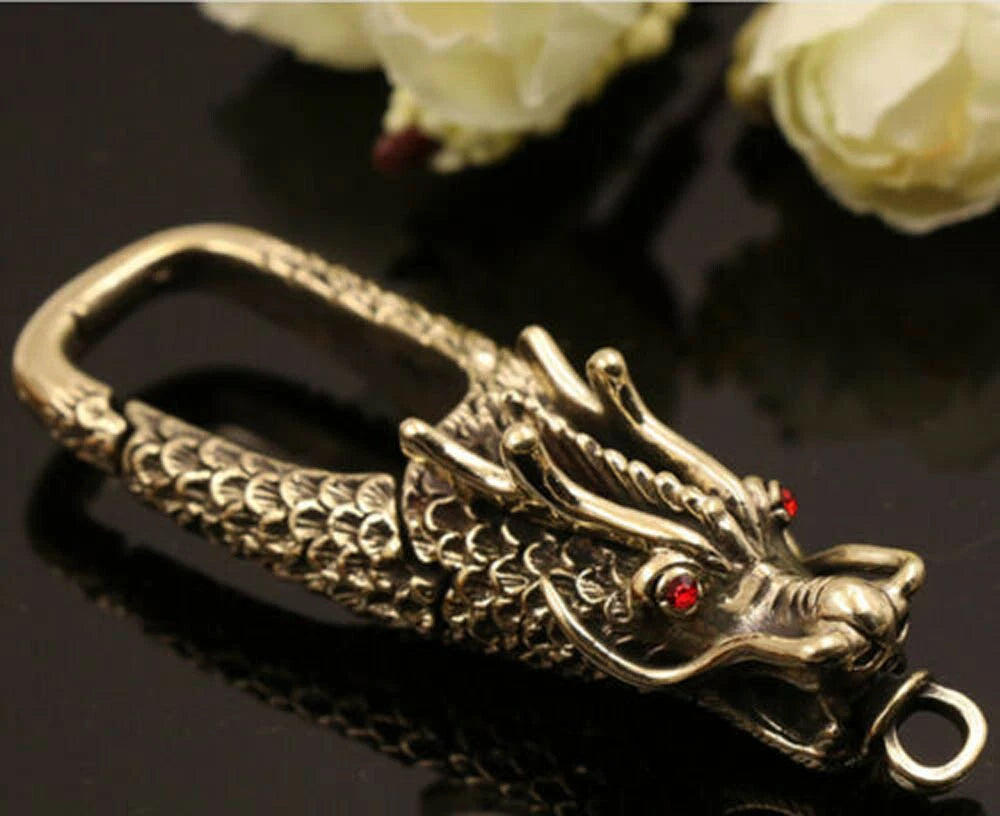 Solid Brass Dragon Head Belt Clip Buckle Key Chain Ring Holder Hook