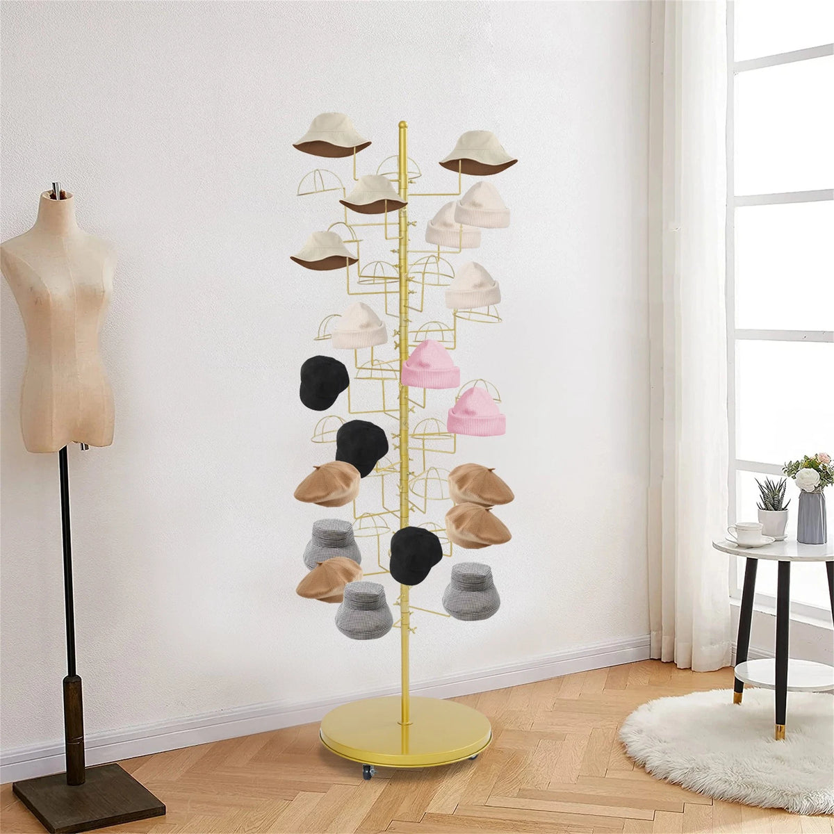35-Position Freestanding Metal Hat Rack - Gold, Rotating, Movable