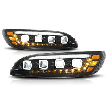 Set of 2 Quad LED Halo Sequential Signal Projector Headlights for Peterbilt 337 348 (2010–2020)