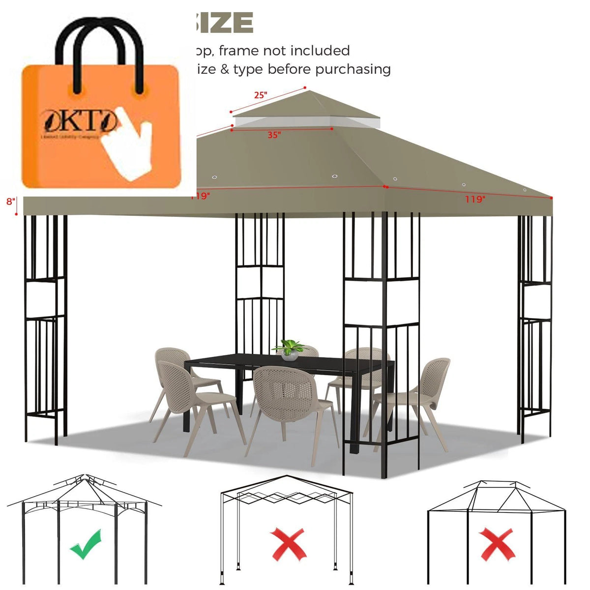 10x10 FT Gazebo Replacement Canopy Cover Double Tiered Khaki