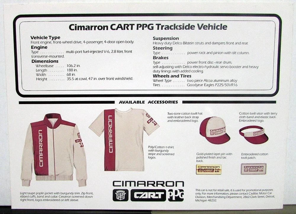 CART PPG Trackside Vehicle Concept Car Brochure for Cadillac Cimarron (1985)