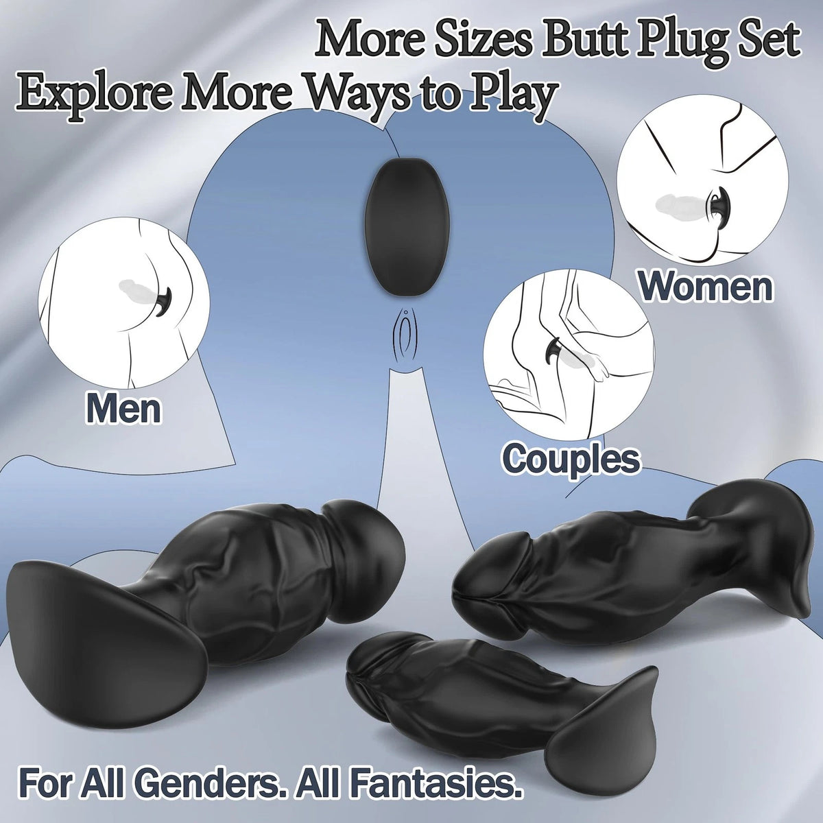 3X Silicone Butt Plug Set for Men Women (Black)