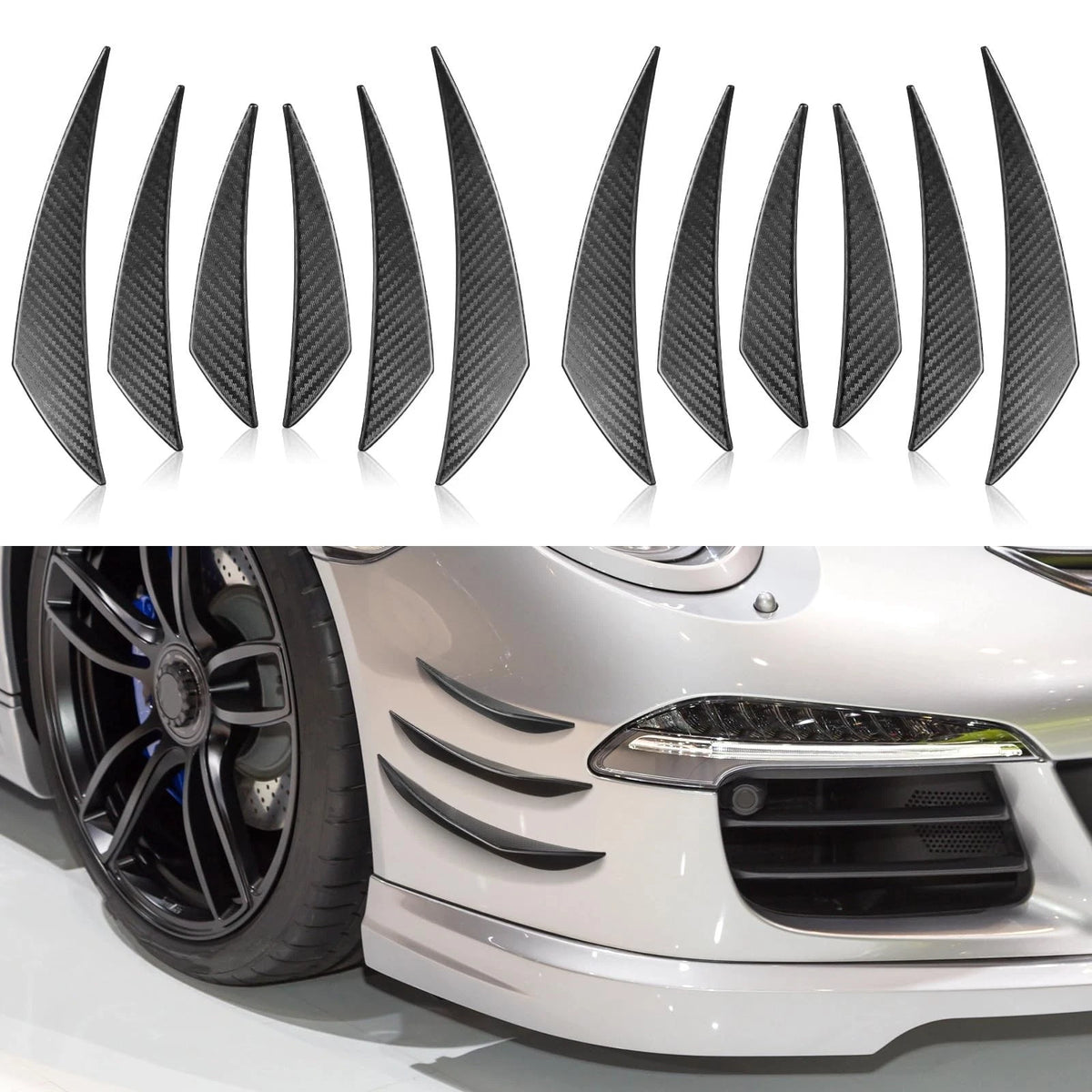 12 Pcs Universal Car Spoiler Canards Kit Front Carbon Fiber Black