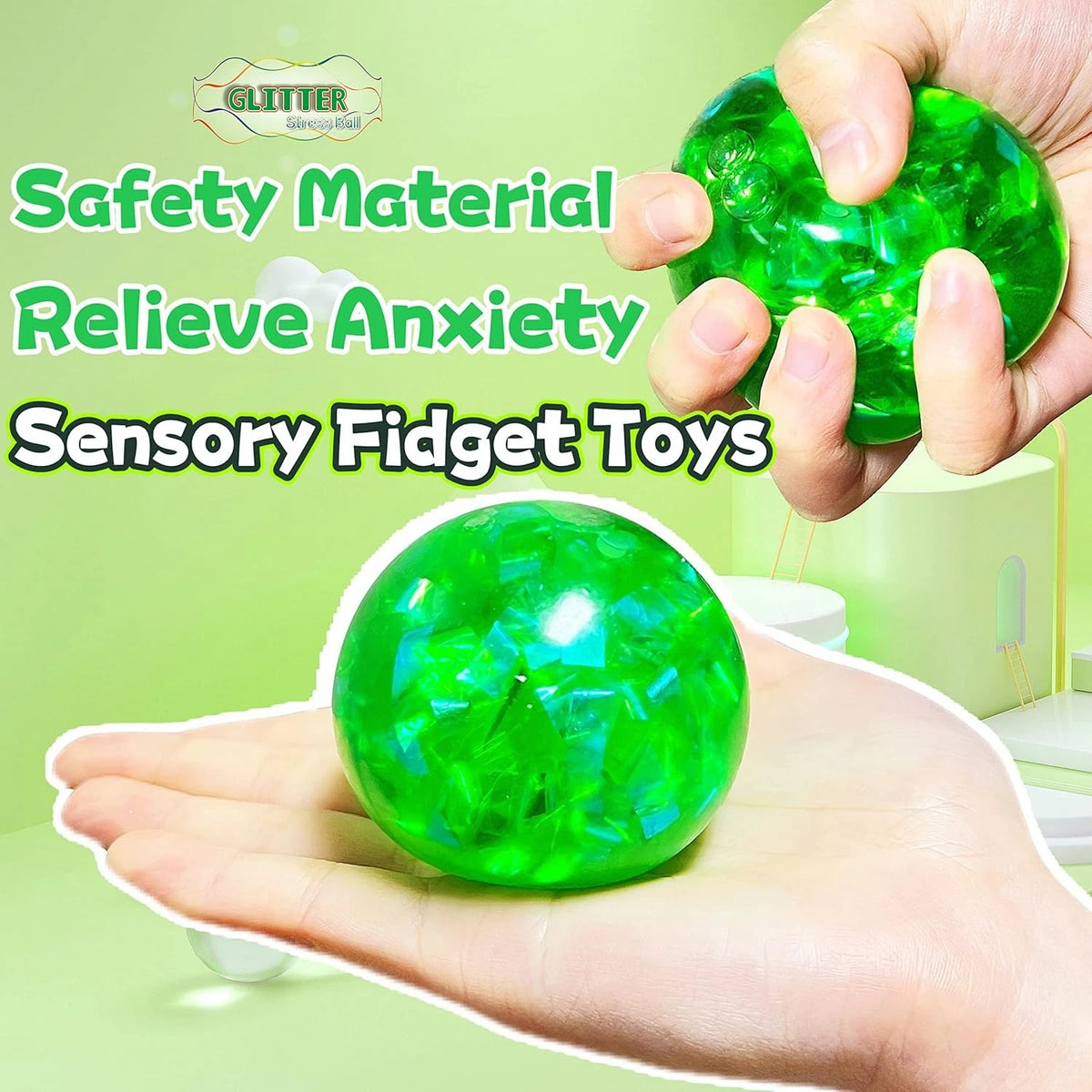 Set of 2 Glitter Stress Balls for Boys, Girls, Adults - Stretchable