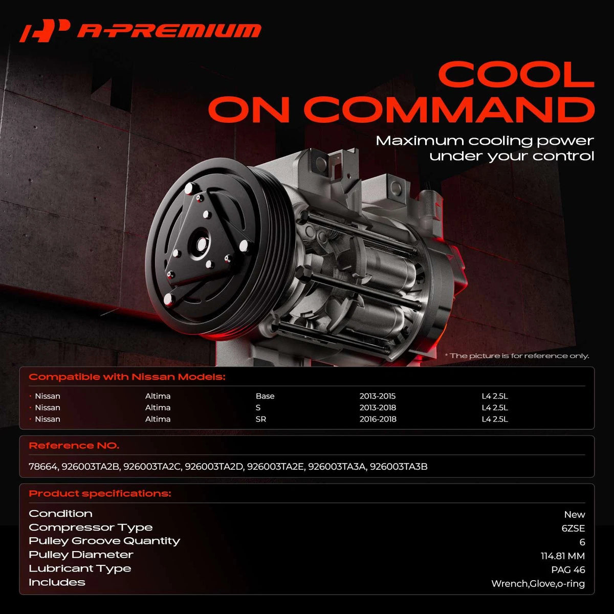 A/C Compressor with Clutch for Nissan Altima (2013–2018) 926003TA3A, 926003TA3B, 926003TA2D, 926003TA2E, 926003TA2C, 78664