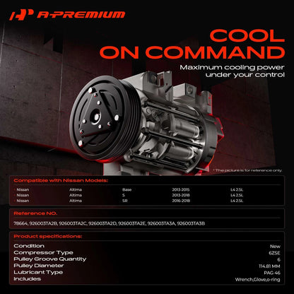 A/C Compressor with Clutch for Nissan Altima (2013–2018) 926003TA3A, 926003TA3B, 926003TA2D, 926003TA2E, 926003TA2C, 78664