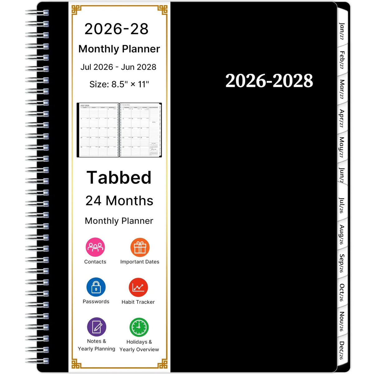 2-Year Monthly Planner for 2026-2028 (8.5 x 11, Spiral, Black)