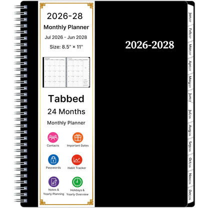 2-Year Monthly Planner for 2026-2028 (8.5 x 11, Spiral, Black)