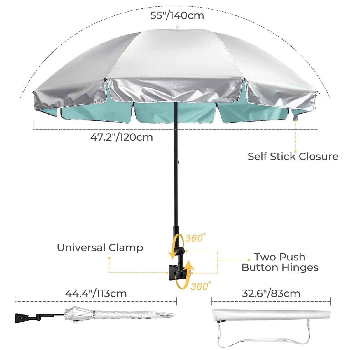 Extra Large Clamp On Umbrella for Universal Use (UPF 50+, Lake Blue)