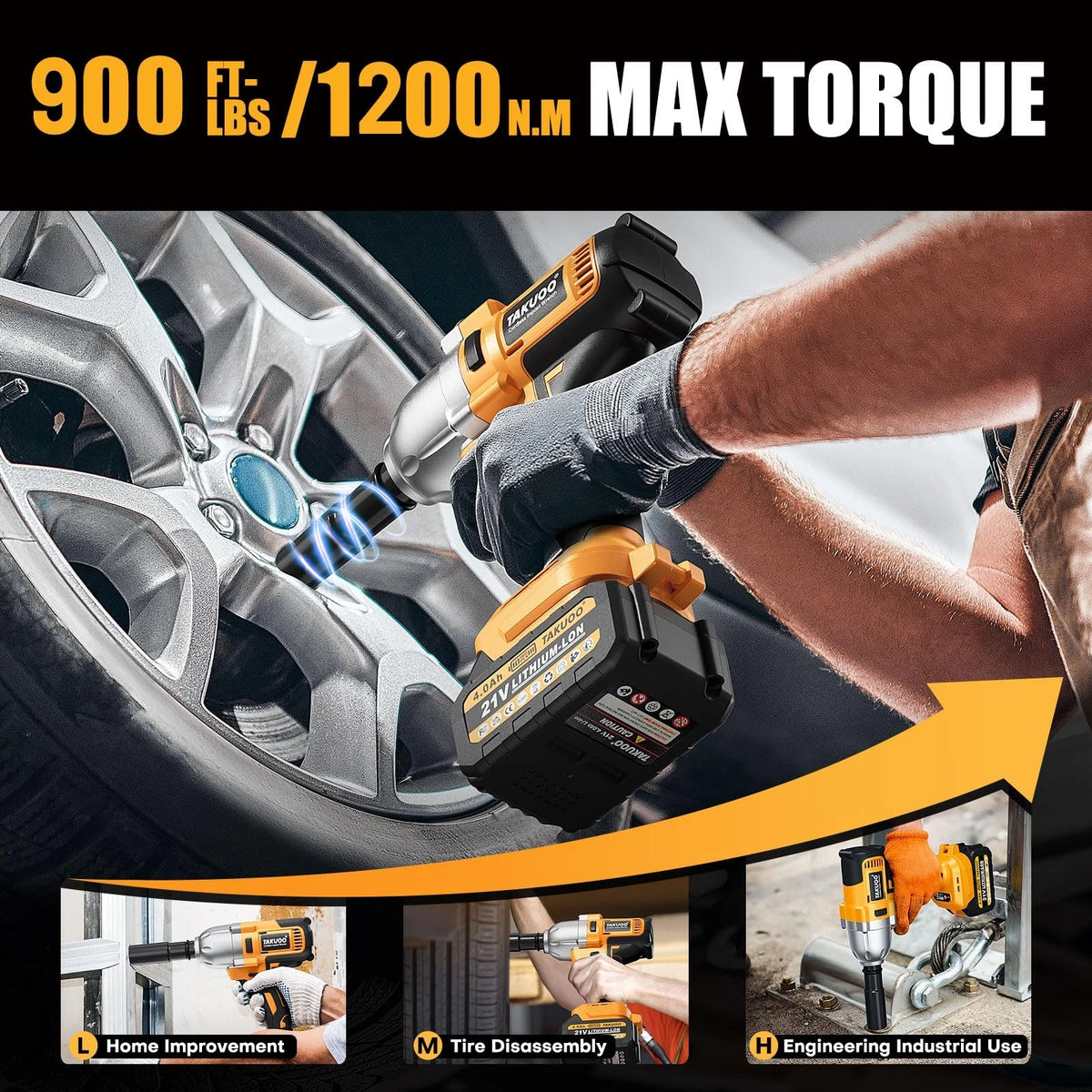 Cordless Impact Wrench 1/2 Inch Brushless 900ftlbs with 2x 4000mAh Battery