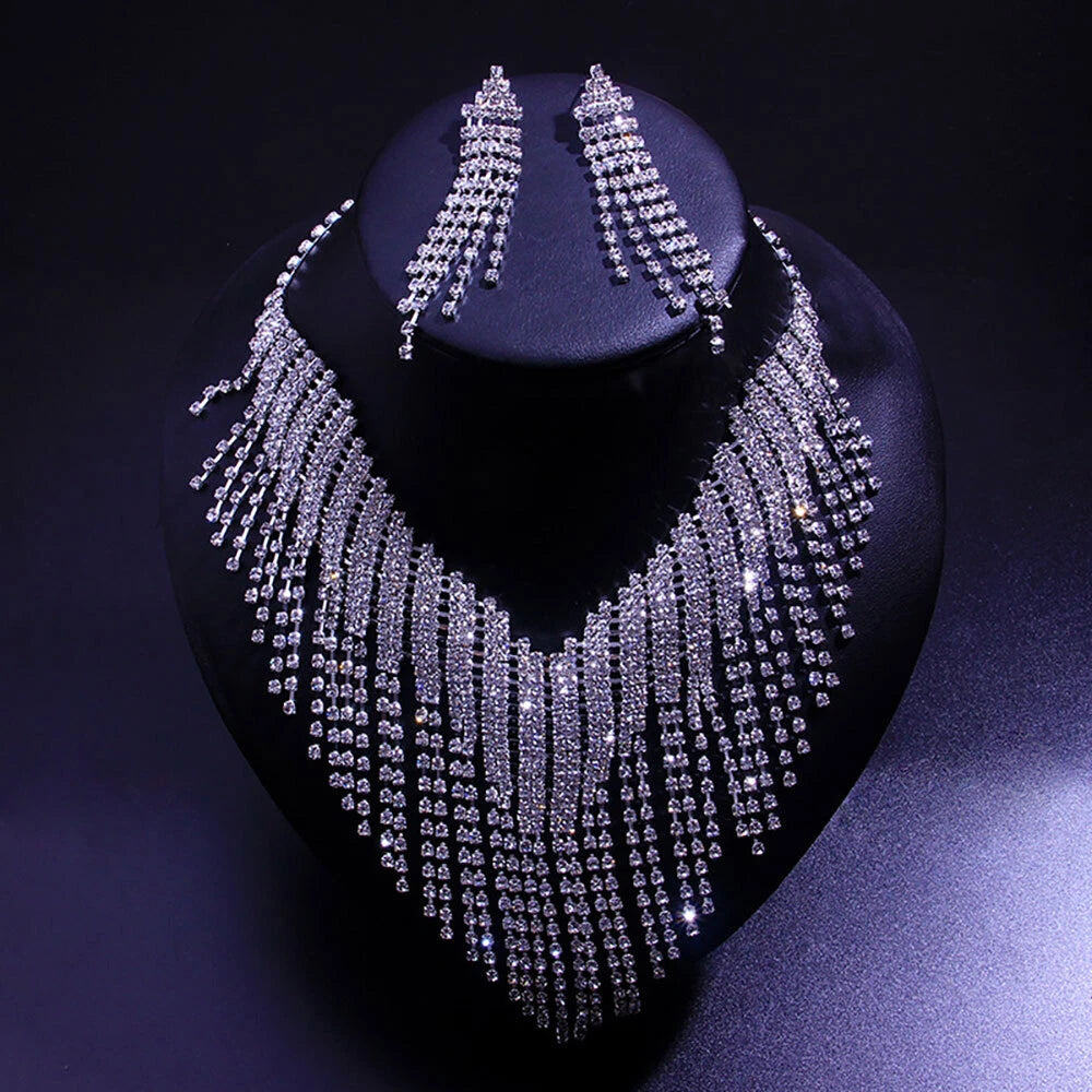 Set of 4 Crystal Choker Rhinestone Necklace Earrings for Bridal Party