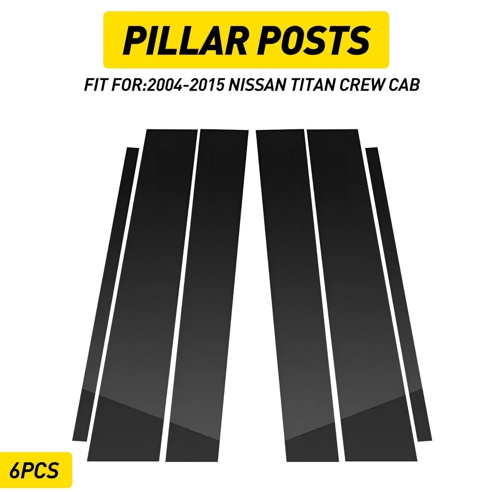 Set of 6 Glossy Black Pillar Post Door Trim Covers for Nissan Titan Crew Cab (2004–2015)