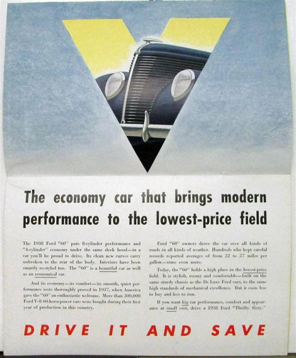 Ford 1938 V8 Thrifty 60 85 Sedan Coupe Original Sales Folder Poster