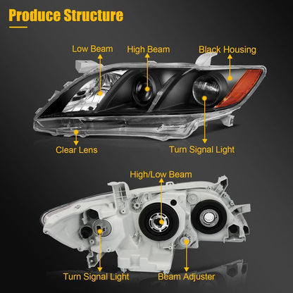 Headlight Assembly for Toyota Camry (2007–2009) Black Housing Pair