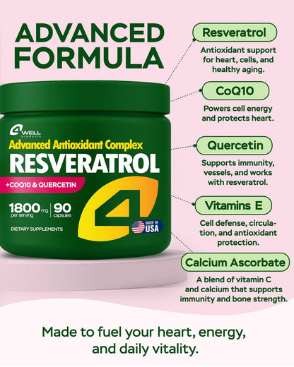 1800mg Resveratrol Supplement with CoQ10, 90 Count (Pack of 1)