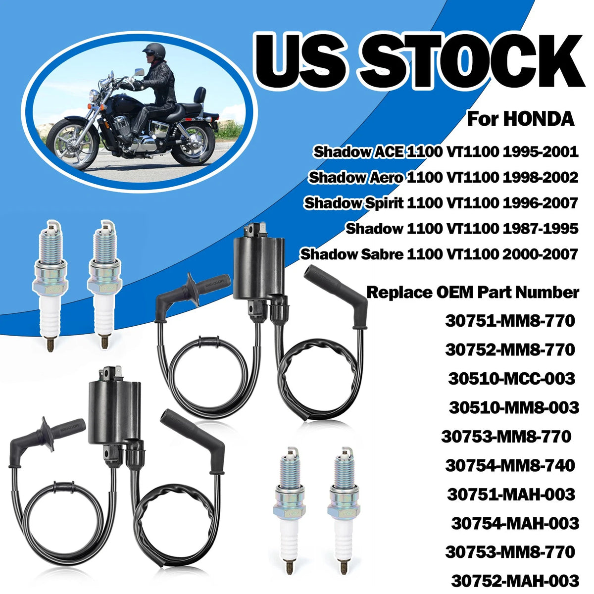Ignition Coil Spark Plug + Cap for Honda Shadow ACE 1100 (1995–2001) - 30752-MM8-770, 30753-MM8-770, 30751-MM8-770, 30752-MAH-003